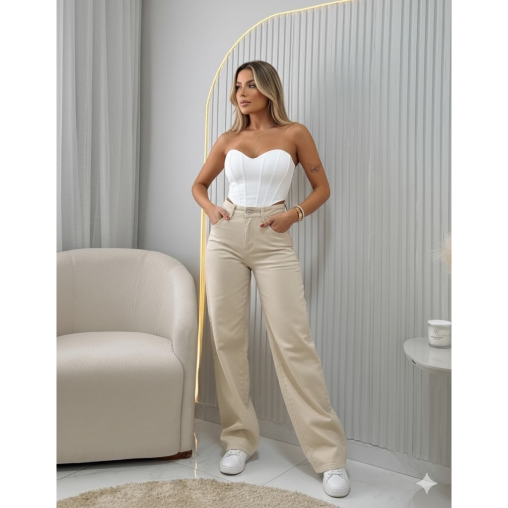 Calça Wide Leg Feminina Adulto Cintura Alta Moda Atual Jeans Bege Preto Grafite em Oferta na Shopee