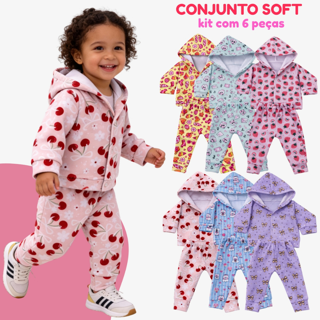 Kit 6 Peças Conjunto Infantil Menina de Inverno Soft Bebê Com Capuz Estampado - 3 Conjuntos