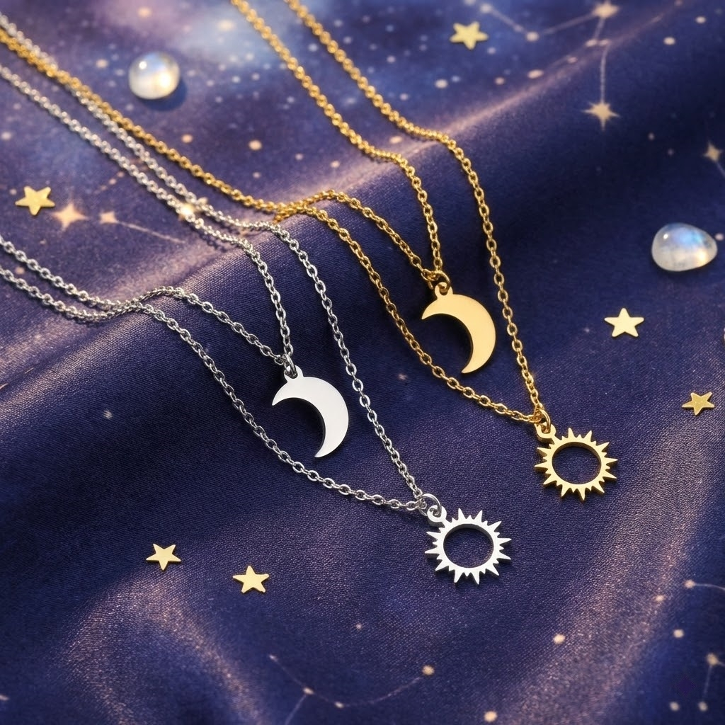 Colar Duplo Sol e Lua Crescente Celestial Banhado a Ouro 18k Prata 925