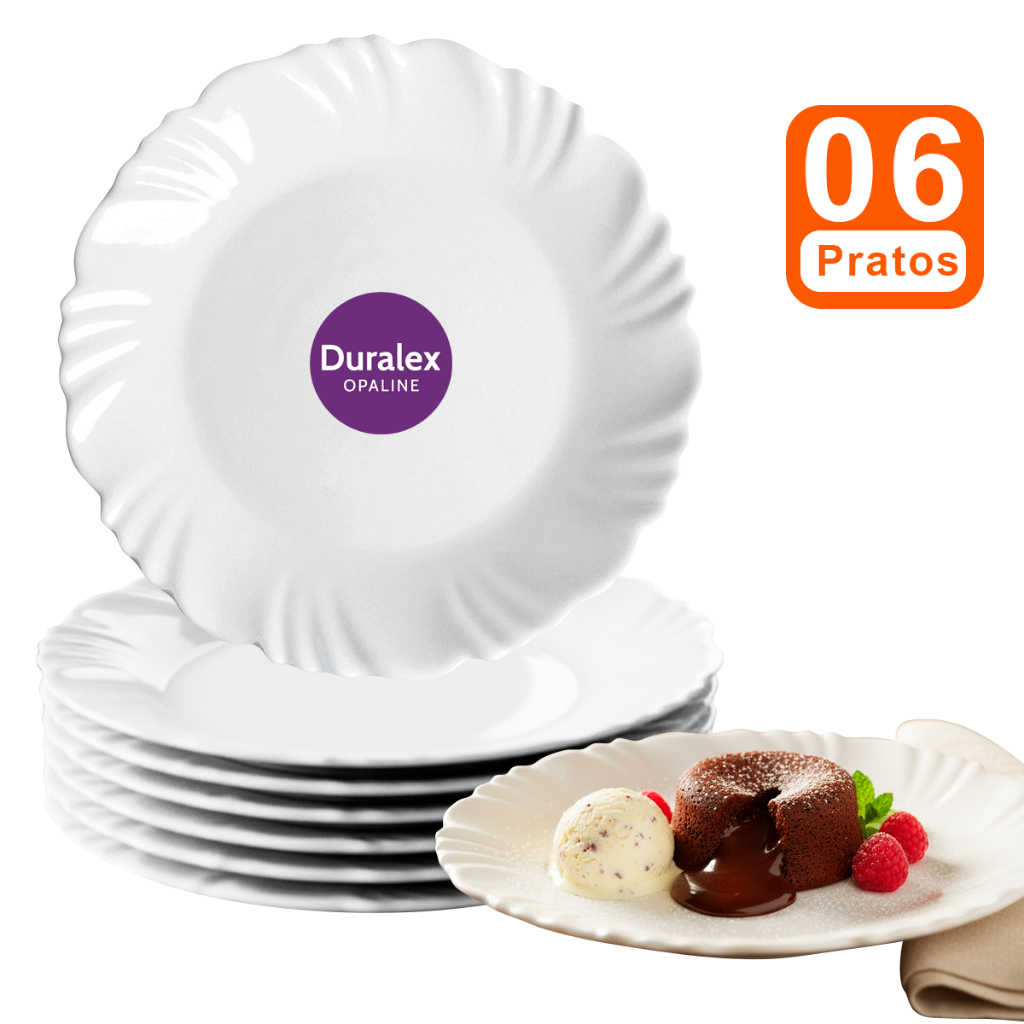 Kit Jogo 6 Prato de Sobremesa 06 peças Nadir Duralex em Vidro temperado Petala Branco Resistente em Oferta na Shopee