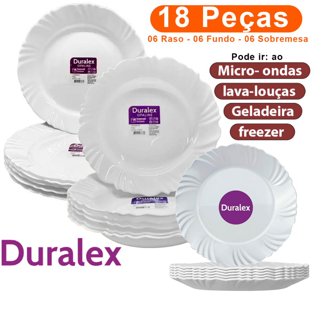 Jogo conjunto de jantar 18 Pratos Pétala Duralex Opaline 6 Fundo 6 Raso 6 Sobremesa Vidro Branco em Oferta na Shopee