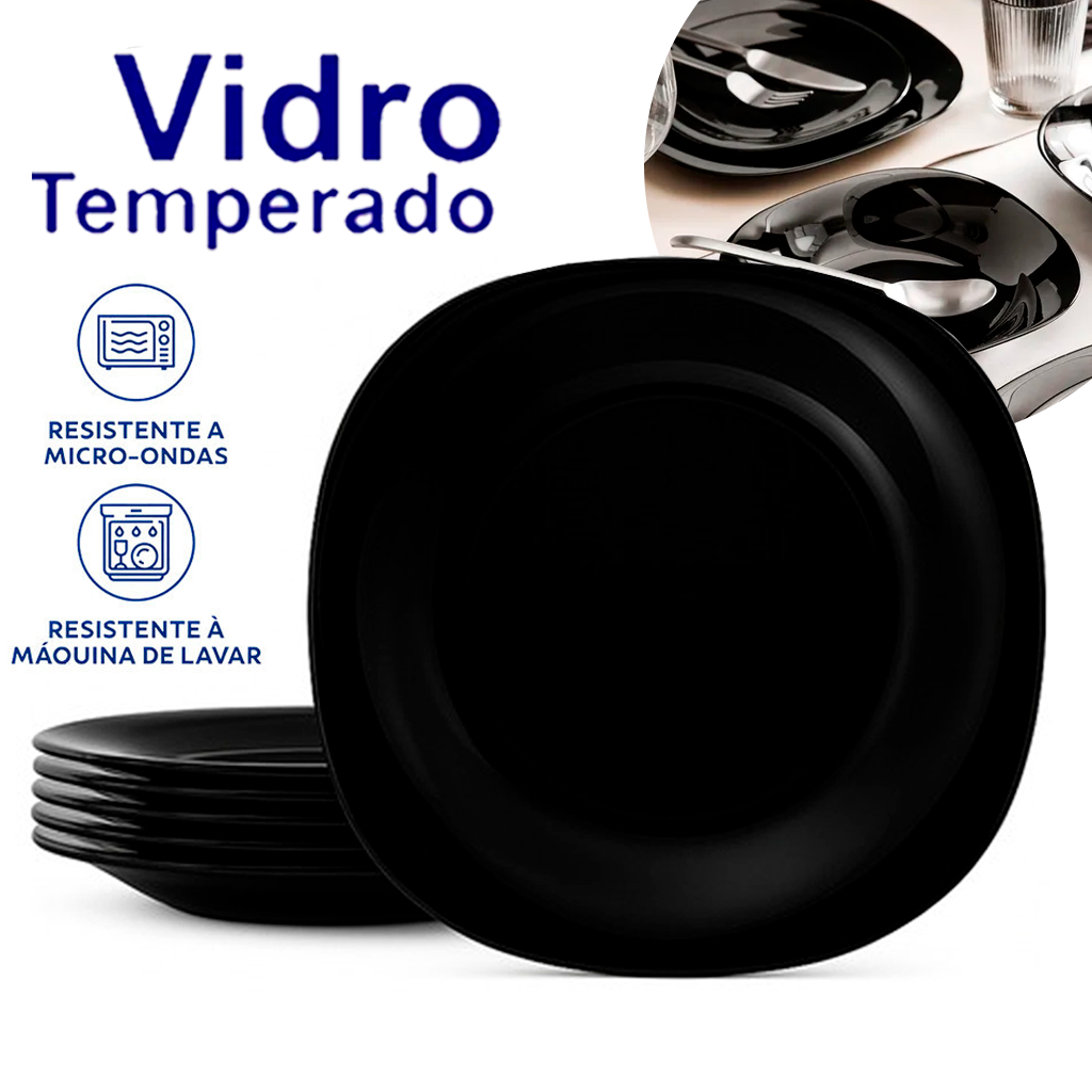 Jogo Kit de 06 Pratos de Sobremesa Quadrado Preto Opaline 20cm Vidro Temperado Resistente a risco