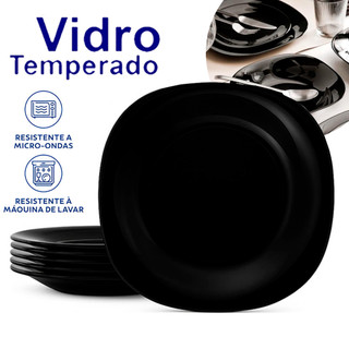 Jogo Kit de 06 Pratos de Sobremesa Quadrado Preto Opaline 20cm Vidro Temperado Resistente a risco