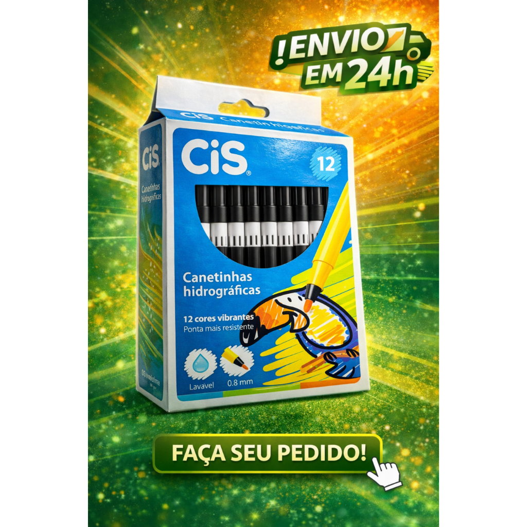 Canetinha Hidrográfica CIS Vermelha/Preta/Azul 12 Cores Lavável 0.8mm em Oferta na Shopee