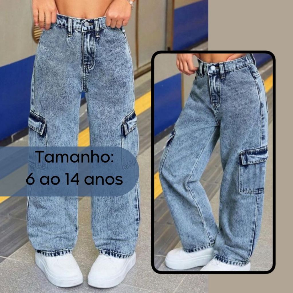 Calça Jeans Cargo infantil Juvenil 6 ao 14 Anos  LANÇAMENTO ALTO PADRÃO em Oferta na Shopee