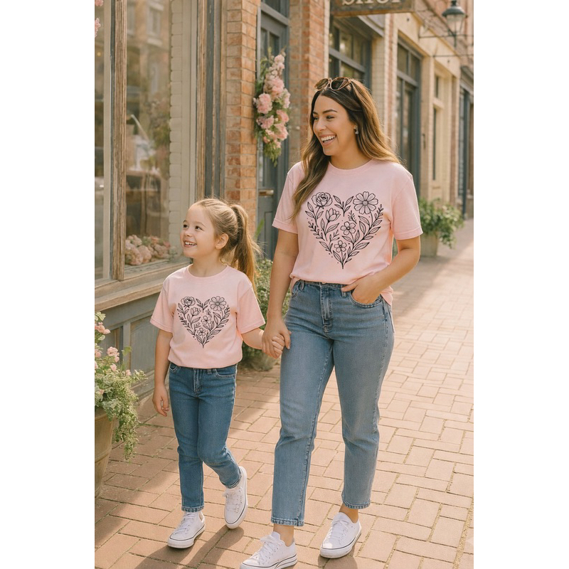 camiseta  Feminina  conjunto tal mae tal filha  look combinando T-shirt estampa coração floral Algodão look família