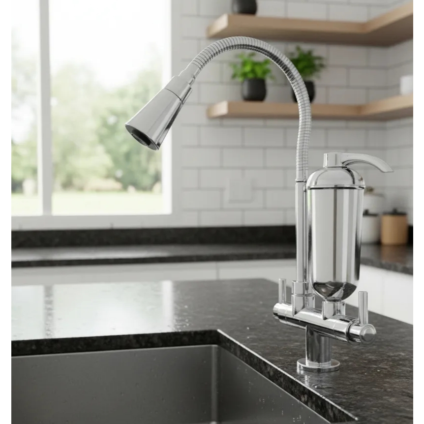 Torneira Cozinha com Filtro Bancada Gourmet Tubo Flexível Duplo Jato
