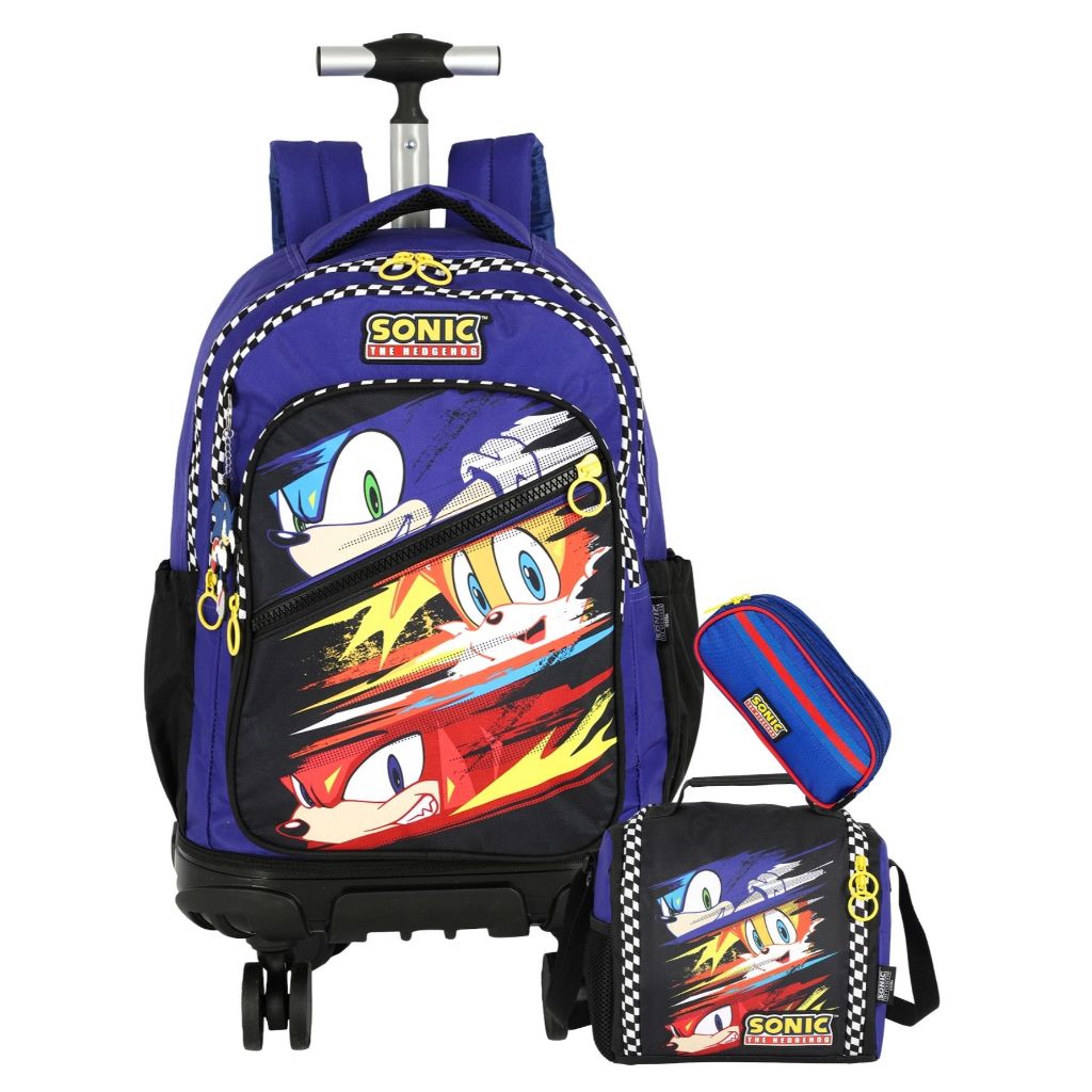 Kit Conjunto Escolar Juvenil Menino Sonic Gamer Mochila 2em1 Costas e Rodinha + Lancheira + EstojoTriplo