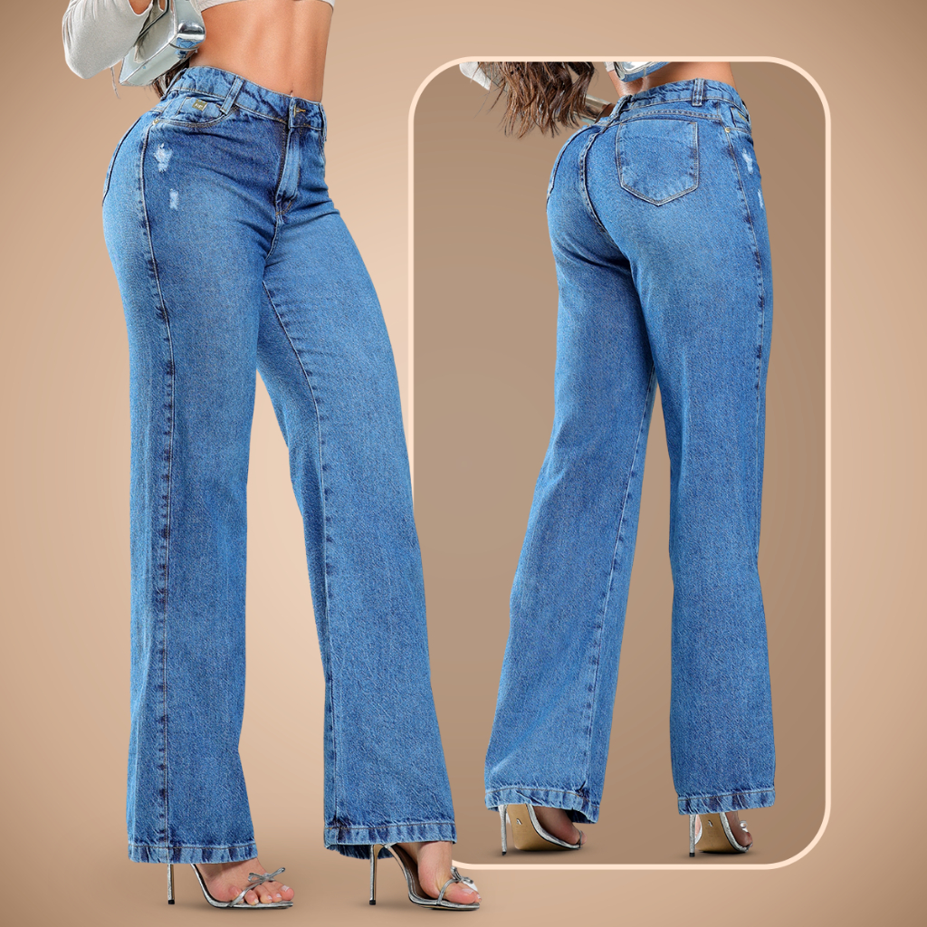 Calça Feminina Wide Leg azul com Puido 100% algodão Cintura Alta Levanta Bumbum Tendência em Oferta na Shopee