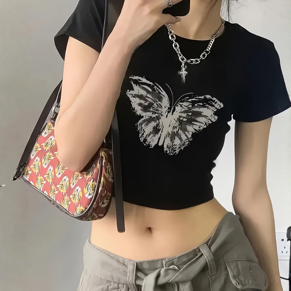 Cropped Feminino Borboleta Grunge Streetwear Baby Tee Gringa  Algodão Basico