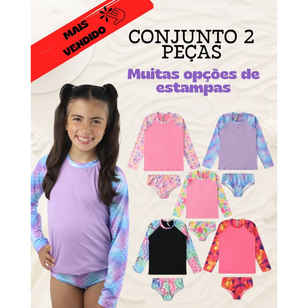 Conjunto Biquini+Blusa Proteção UV50 infantil Menina Moda Praia Piscina 04 ao 12