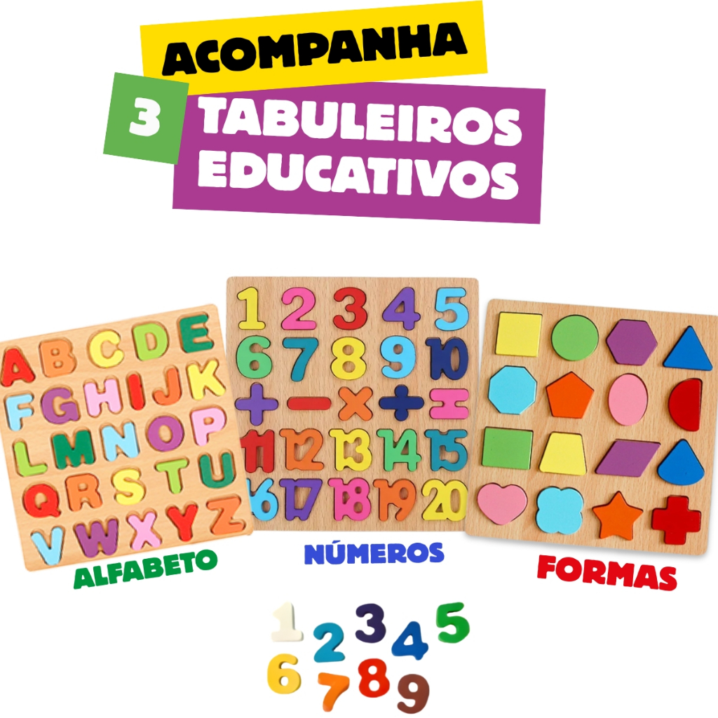 Kit 3 Brinquedos Madeira Montessori Alfabetização Números Letras Formas Encaixe Pedagógico