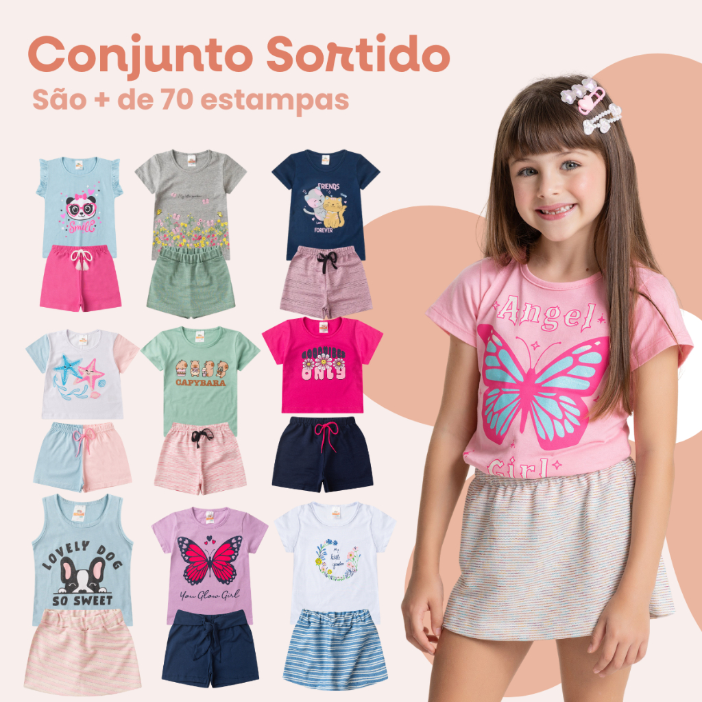 Kit 4 Peças com Estampas e Cores Variadas  Tam 1 ao 14 anos.