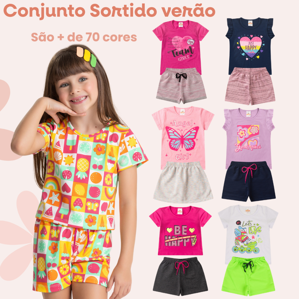 Kit  6 Peças com Estampas e Cores Variadas  Tam 1 ao 14 anos.