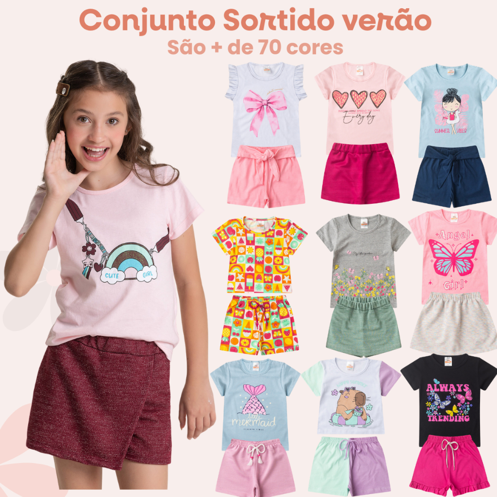 Kit Sortido 10 Peças de Roupas Femina Verão Menina Sortido Blusa + Short Estampas Variadas Algodão Tam 2 ao 14