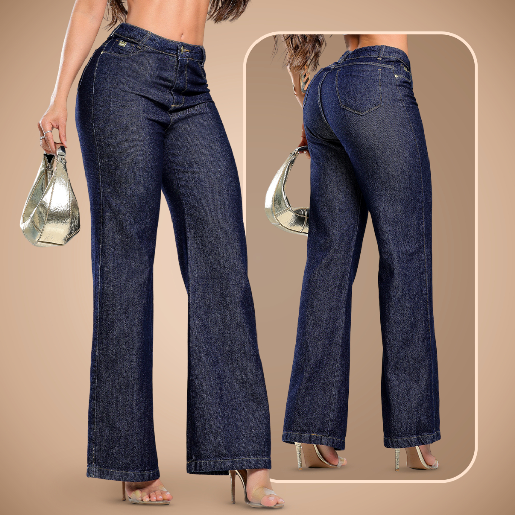 Calça Feminina Wide Leg azul escuro 100% algodão Cintura Alta Levanta Bumbum Ametista em Oferta na Shopee
