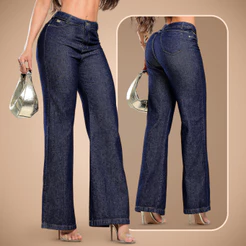 Calça Feminina Wide Leg azul escuro 100% algodão Cintura Alta Levanta Bumbum Ametista