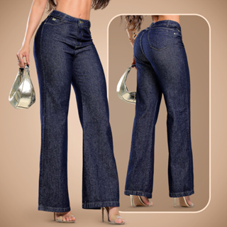 Calça Feminina Wide Leg azul escuro 100% algodão Cintura Alta Levanta Bumbum Ametista em Oferta na Shopee