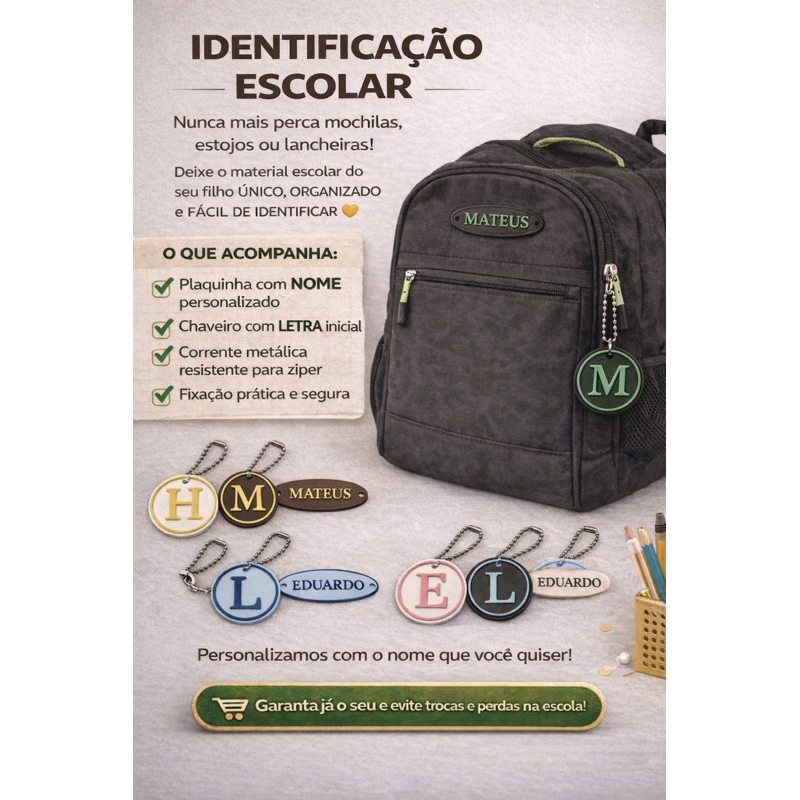 Kit 4 Identificaçoes Escolar Personalizada Nome e Letra | Plaquinha + Chaveiro para Mochila | Impressão 3D PLA Premium