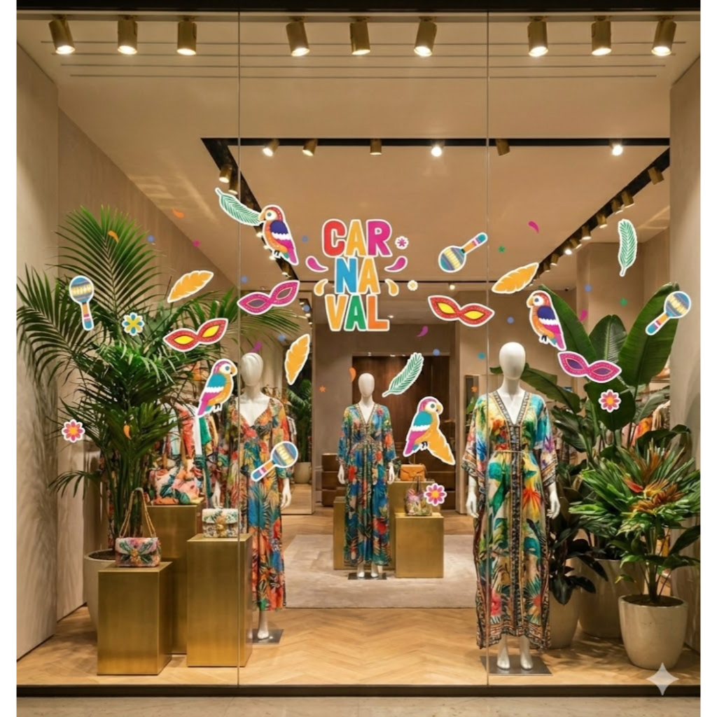Adesivo de Vitrine Carnaval Tropical | Kit Decorativo para Fachada e Vidro