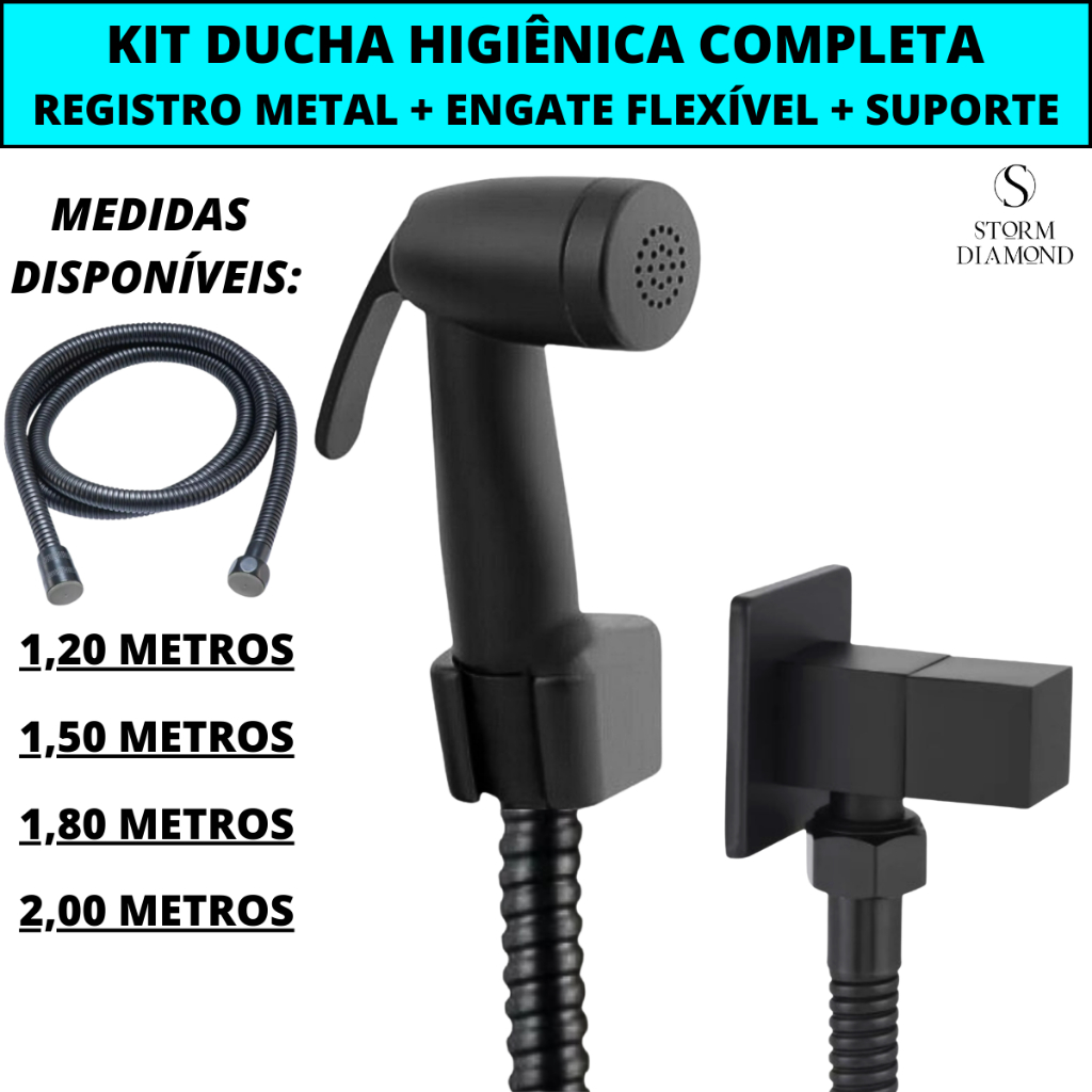 Ducha Higiênica Preta Completa Com Registro Metal Quadrado + Gatilho Top  + Engate Flexível Aço Inox em Oferta na Shopee