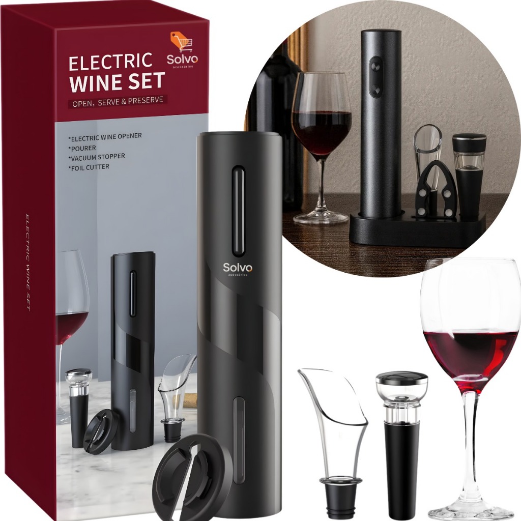 Kit Abridor Elétrico De Vinho Automático A Pilha Saca Rolhas Com Cortador Tampa E Bico Dosador