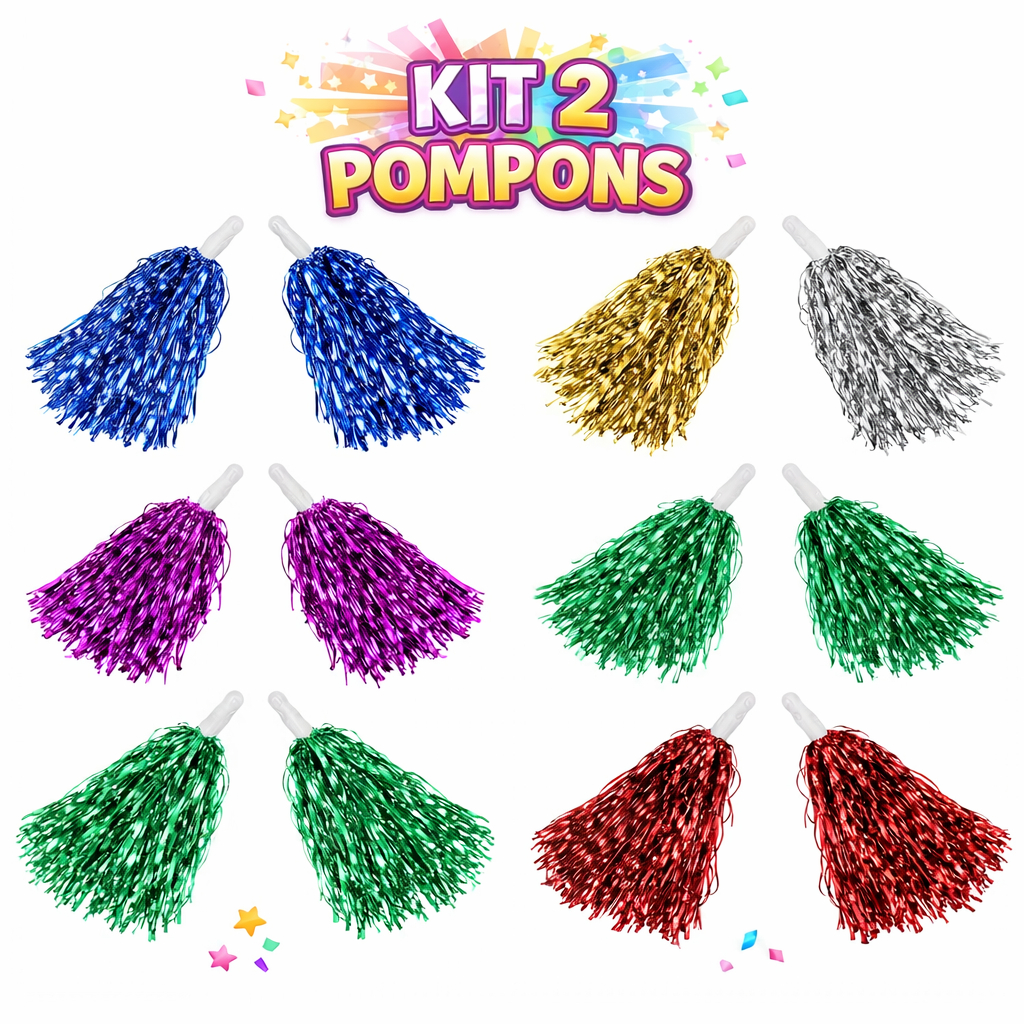 Kit 2 Pompom para Líder de Torcida Metalizado Dança Escola Festa Cores e Copa Do mundo