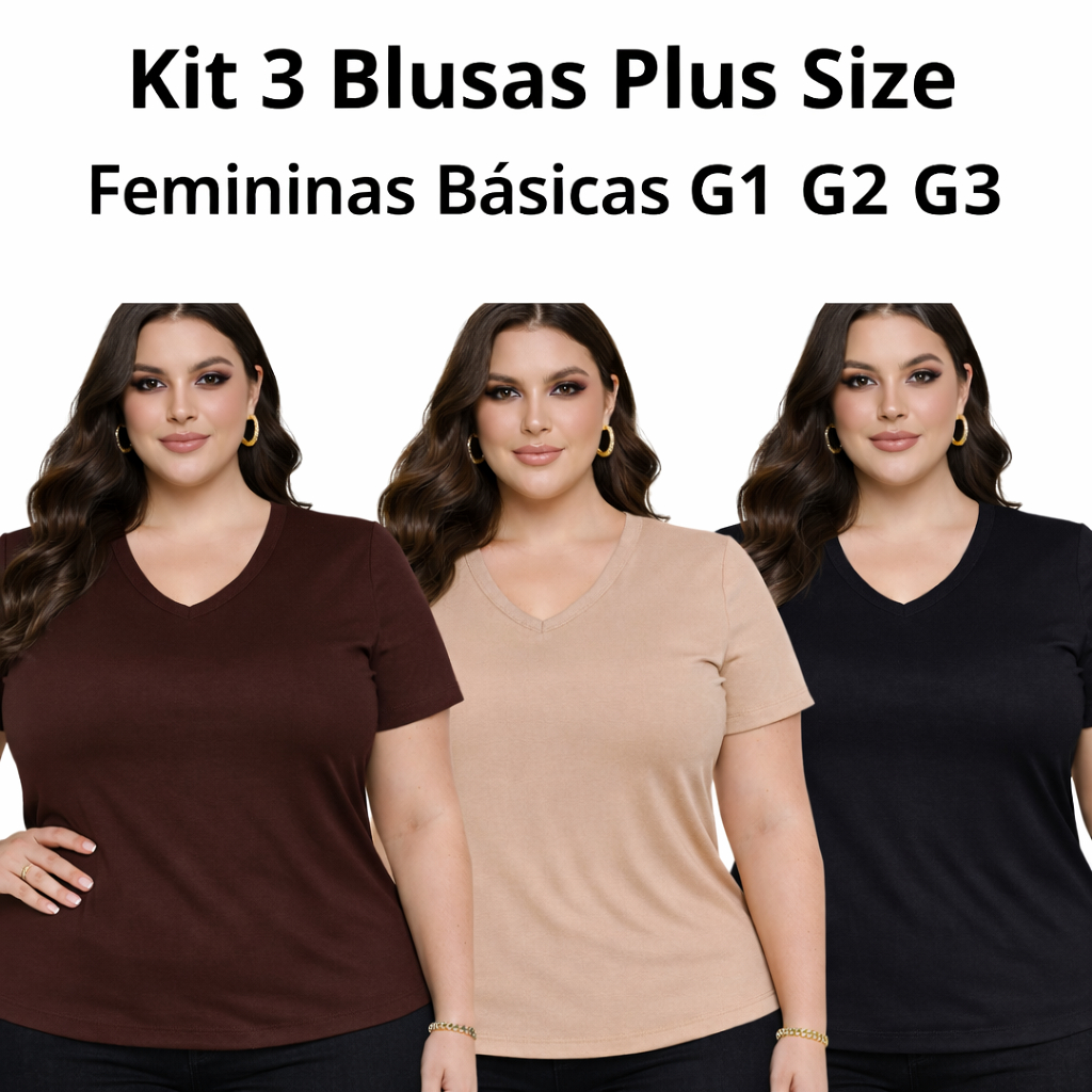 kit 3 blusa plus size feminina decote v manga cuta confortavél dia a dia tecido  leve camisa Basica em Oferta na Shopee