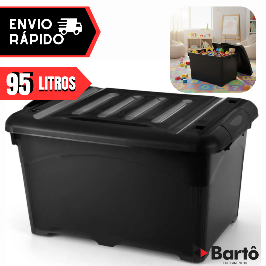 Caixa Organizadora 95 Litros Preta Injeplastec 95 Litros Com Travas Rodinhas e Alça
