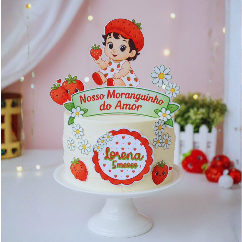 Topo de Bolo Morango do Amor  - moranguinho -Morango do Nordeste- Mesversário- infantil- frutinhas