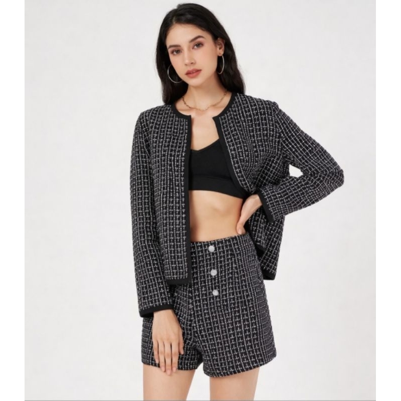Conjunto Feminino Tweed Xadrez Preto Blazer e Shorts Cintura Alta Tamanho P Elegante