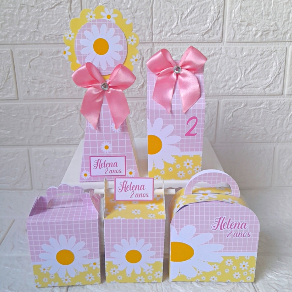 Kit Caixas Personalizadas Jardim das Margaridas  Pegue e Monte Lembrancinha Festa Infantil Caixinha Mimo