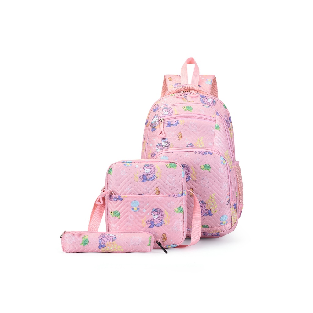 Kit com 3 Peças: Mochila estampada de Escolar, Lancheira e Estojo Espaçoso Princesa escola, conjunto feminino,faculdade