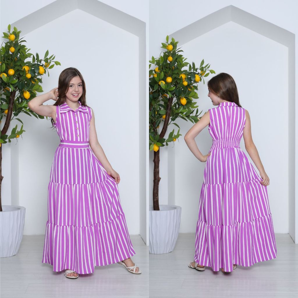 VESTIDO CASUAL LONGO INFANTO JUVENIL COM LISTRAS PARA MENINAS em Oferta na Shopee