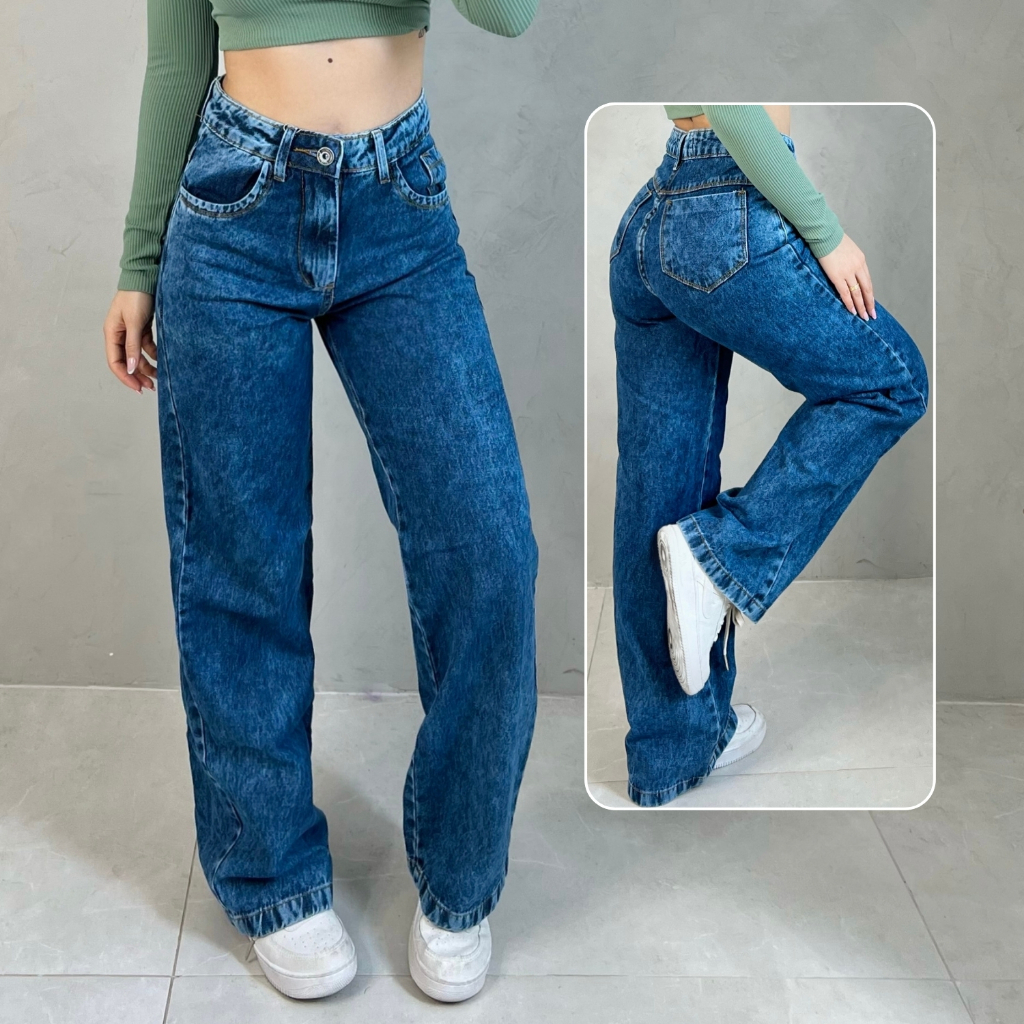 Calça Jeans Feminina Wide Leg pantalona Cintura Alta 100% Algodão em Oferta na Shopee