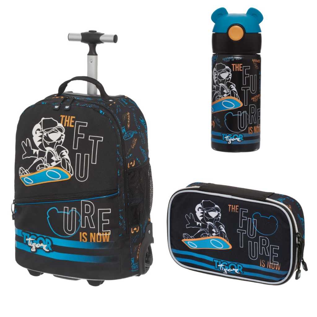 Kit Escolar Infantil Mochila Carrinho Tubo + Estojo Box + Garrafa Inox Térmica 420ml Tigor T. Tigre Lovit Future