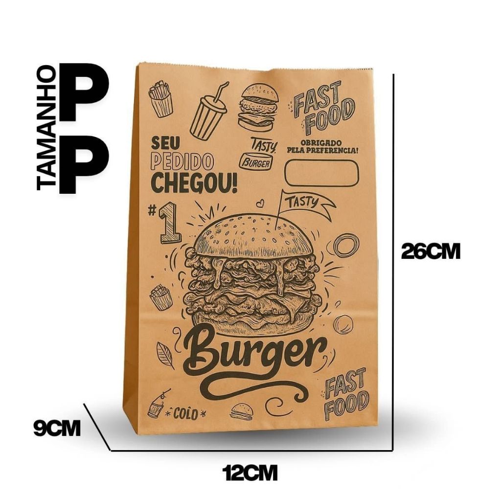 Saco de Lanche Delivery PP Estampado Burguer – Pacote com 100 Unidades