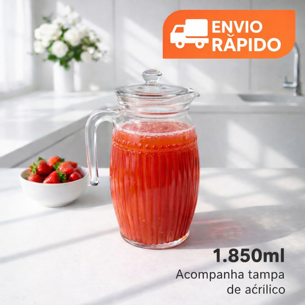 Jarra De Vidro Com Tampa Para Suco Agua Refrigerante Buffet 1,850 ml