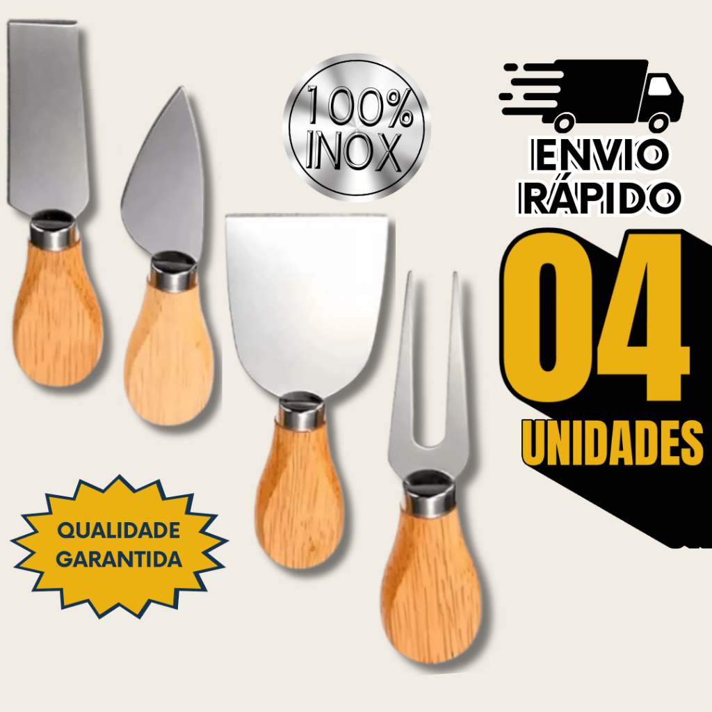 Kit com 4 Peças De Utensílios para Queijo Inox com Cabo de Madeira, pratico e fácil para seu uso na sua casa e comercio