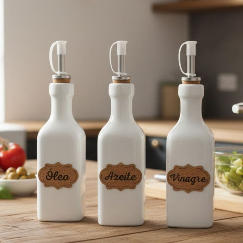 Galhateiro Garrafa Porcelana Branca Porta Azeite Óleo Vinagre Bico Dosador Inox Tampa Vedação 270ml