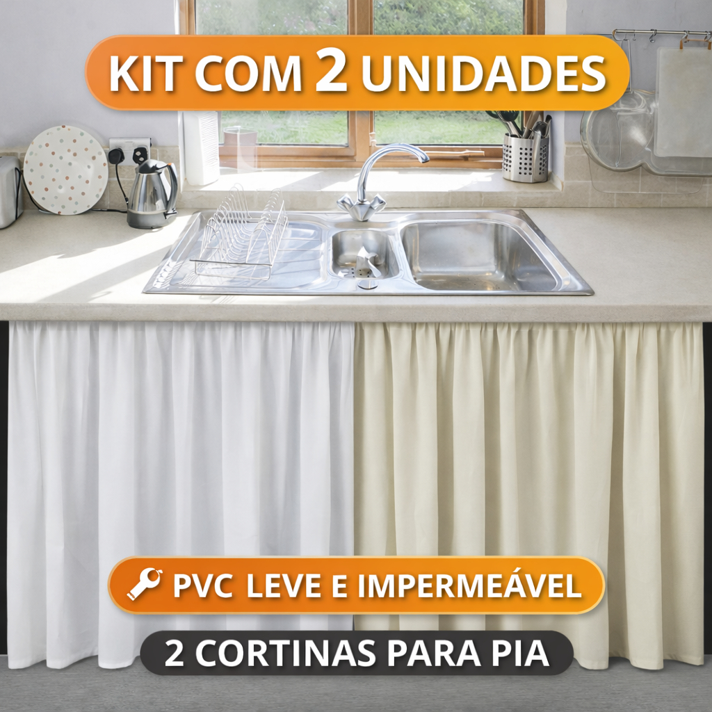 Kit 2 Cortinas para Pia Cozinha PVC Impermeável Lisa Antimofo 1,38 x 0,80