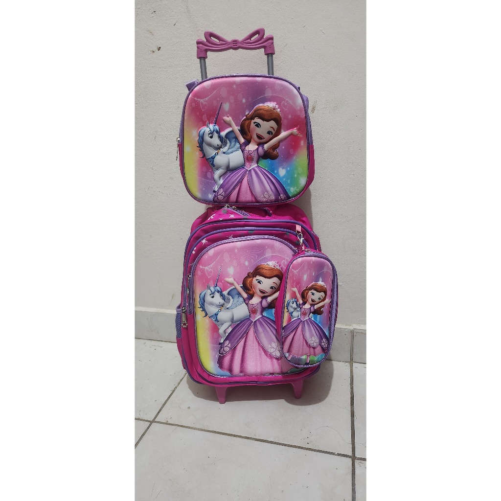 kit mochila infantil 3D princesa Sofia com rodinhas lancheira térmica e estojo