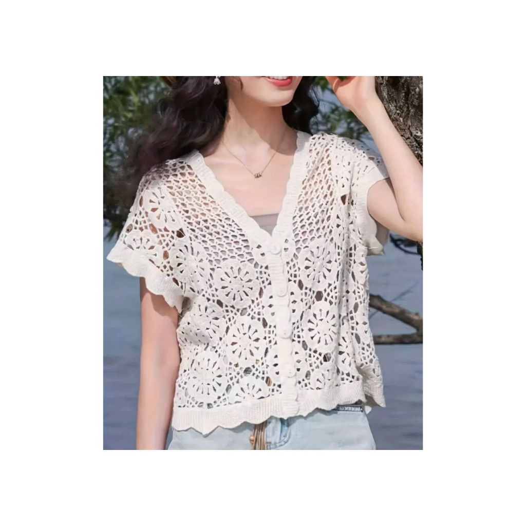 Cardigan Bohemio Feminino - Decote em V, Manga Longa com Corte Geométrico, Cobertura Leve de Verão, Top Casual Chic para em Oferta na Shopee