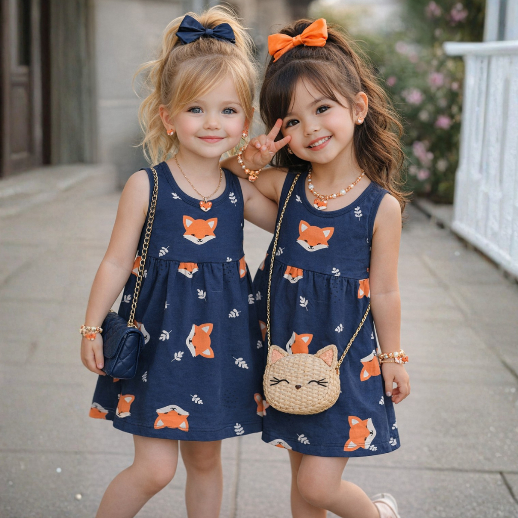 Vestido Infantil Estampa de Raposinha do Tamanho 1 ao 10 | Vestido Confortável e Fresquinho Azul em Oferta na Shopee