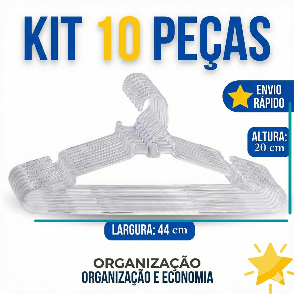 🔥 Kit 10 Cabides Acrílico Transparente Reforçado Adulto 44cm Tradicional P/ Loja e Closet - Kit Atacado