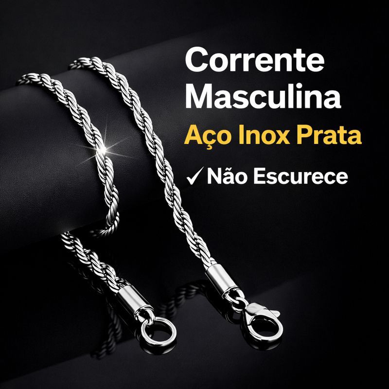 Corrente Masculina Aço Inox Prata Não Escurece Pode Molhar