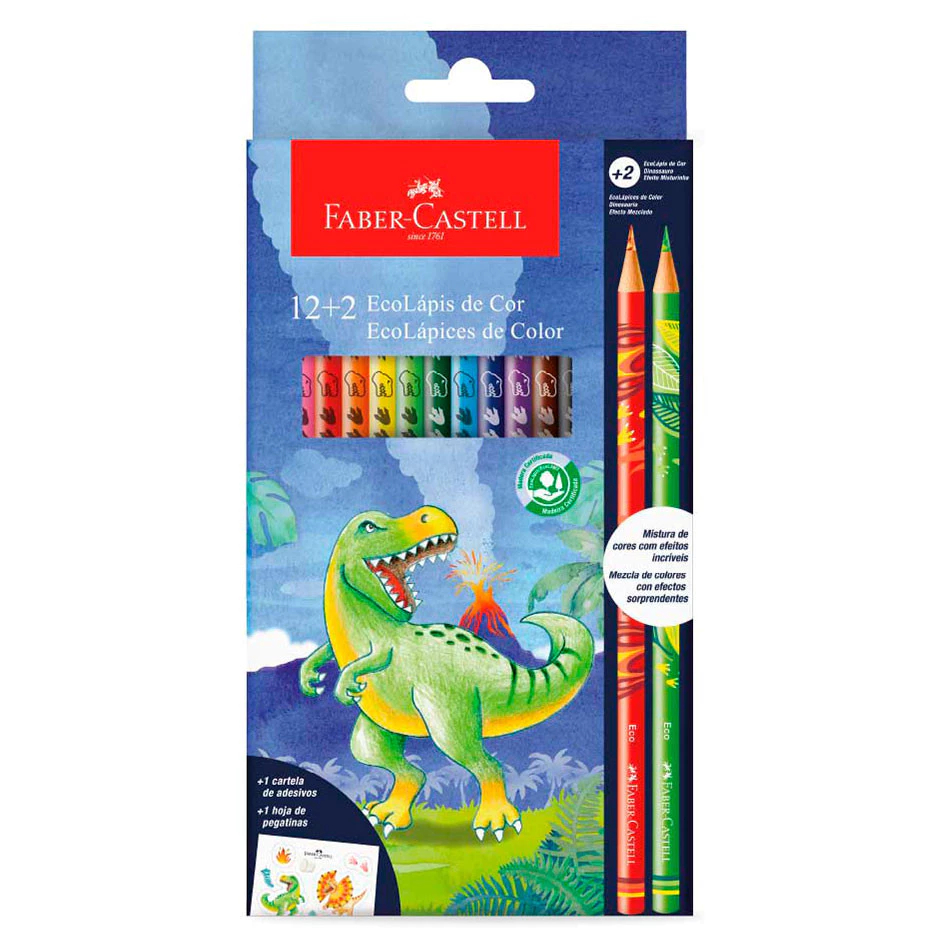 Lápis de cor 12 cores + 2 misturinhas Dinossauro  Faber-Castell