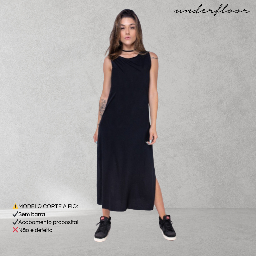 Vestido com Fenda Preto Midi Alça 100% Algodão 30.1 Liquidação