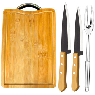 Kit Churrasco Tábua Corte Carne Madeira Faca  Peixeira 5" 6” 7” Cabo Madeira Garfo Trinchante Inox