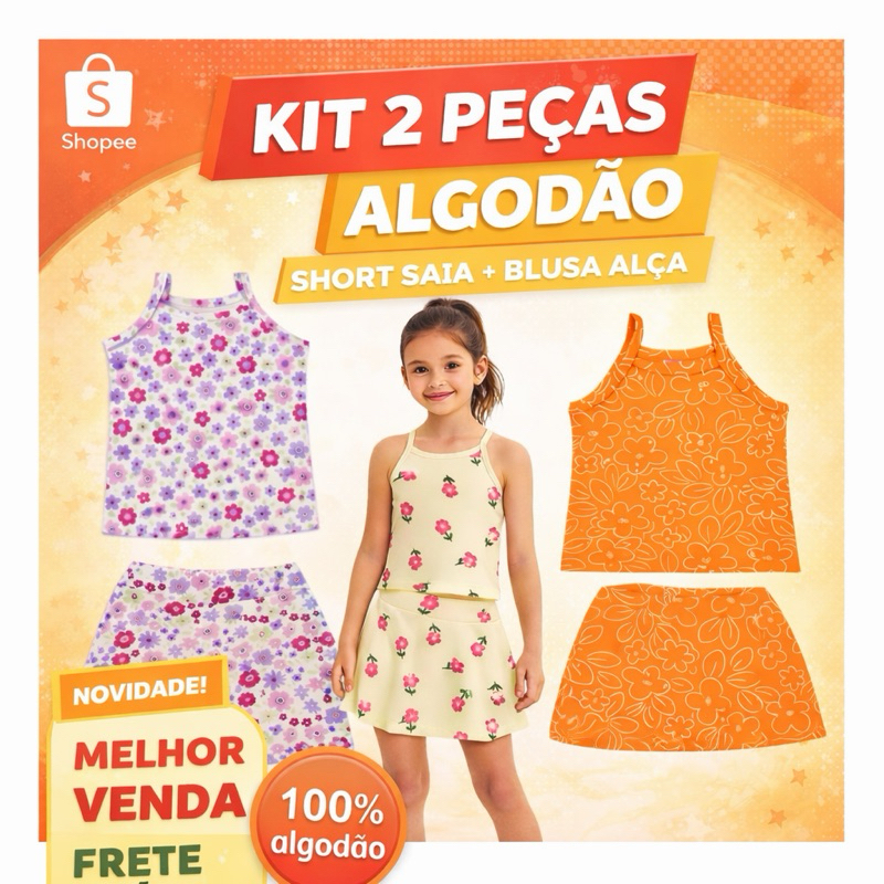 Conjunto Short Saia e Regata de Alça Cotton Algodão Infantil Menina 2 a 12 Anos em Oferta na Shopee